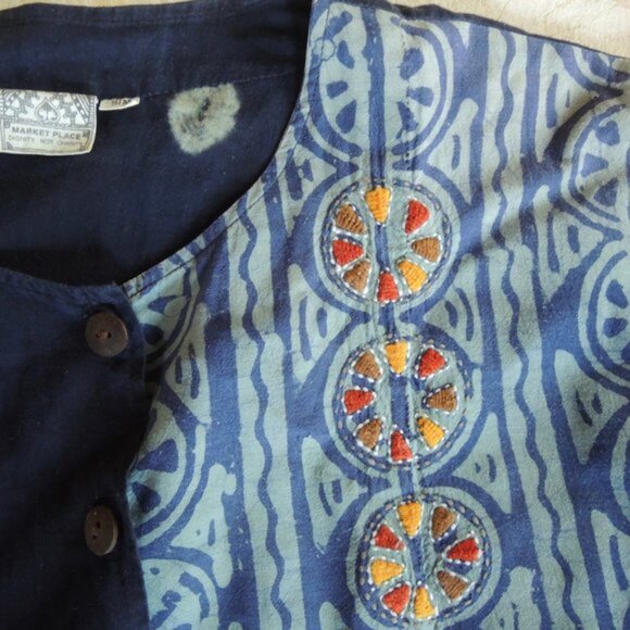 Market Place Blue Batik Cotton Button Jacket Top S/M *Runs L - Picture 4 of 8
